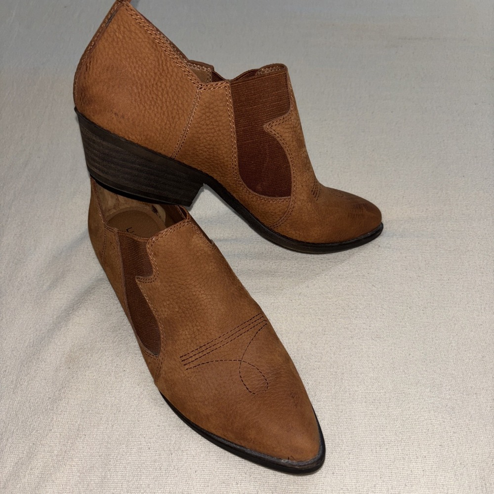 Lucky Brand Western Joelle Brown Suede Slip-On Ankle Booties Women's Sz 8.5